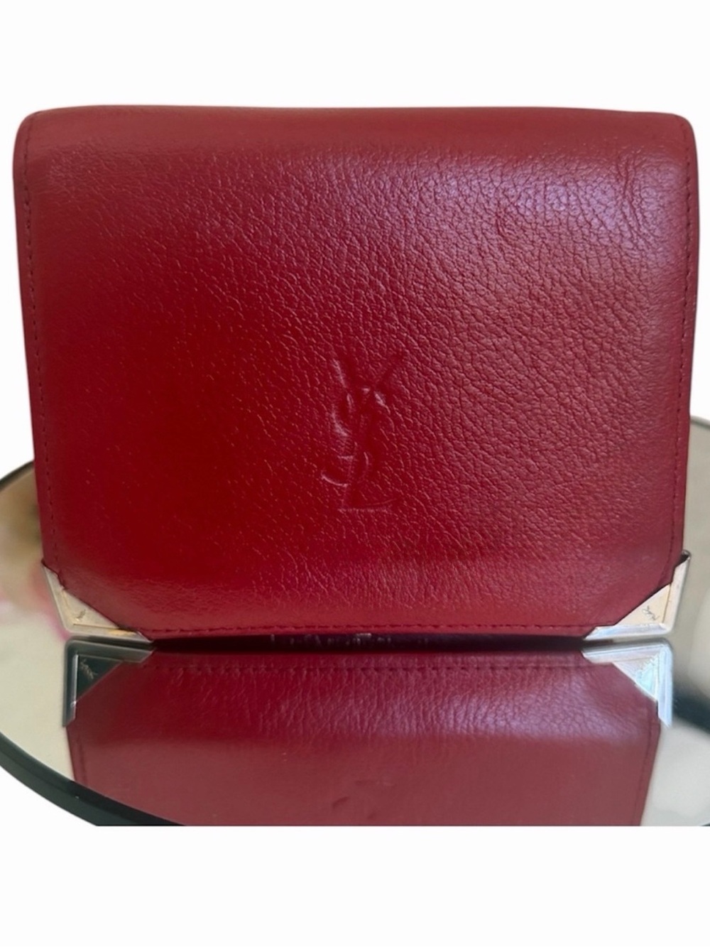 Yves Saint Laurent cherry-red smooth calfskin leather kiss-lock trifold wallet